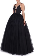 Leena for Mac Duggal Plunge-Neck Sleeveless Black Tulle Skirt Ball Gown size 2