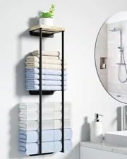 Towel Racks for Bathroom, 2 Tier Wall Towel Holder with Wood Shelf- Black