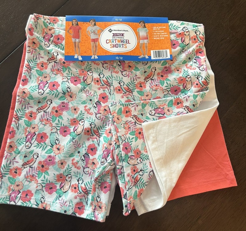 Member's Mark Girl's 3-Pack Coral/White/Floral Cartwheel Shorts Size 10/12 NWT