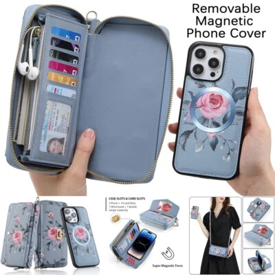 Printed Flower Lady Girl Crossbody Wallet Magnetic Case For iPhone 17 Pro Max-12 - Image 1 of 4