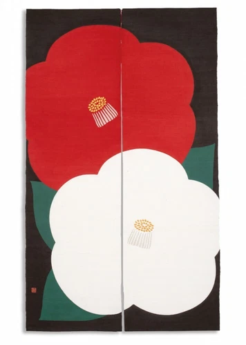 Kyoto Noren Japanese Door Curtain Linen Red White Camellia Tsubaki Japan
