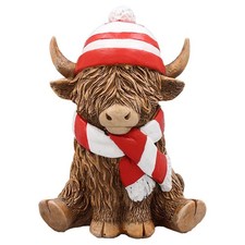 Figurine Highland Cow Scarf & Hat Animal Ornament Rustic Home Decoration Display