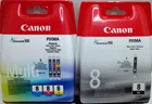 Canon 8 Original Multipack (4) Cartridges - Cyan, Magenta, Yellow and Black, Original Box