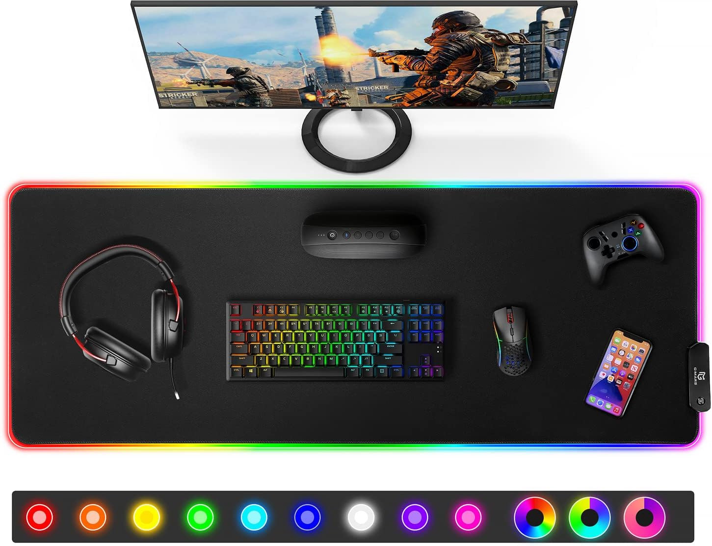 Tapis de souris RGB XXL pour setup de streaming grand tapis de bureau noir illuminé LED
