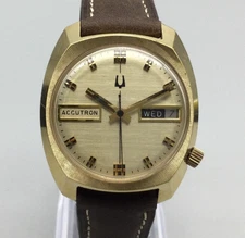 Vtg Bulova Accutron 1977 Watch Mens 34mm 10k Gold Filled Day Date New Battery