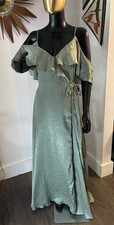 Lulus Moriah Sage Green Satin Wrap Maxi Dress with Cold-shoulder Ruffles. Size M