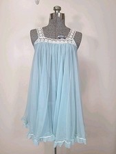 Vtg Sheer Nylon Babydoll Nightgown Chiffon Layers Sz Small Lace Blue