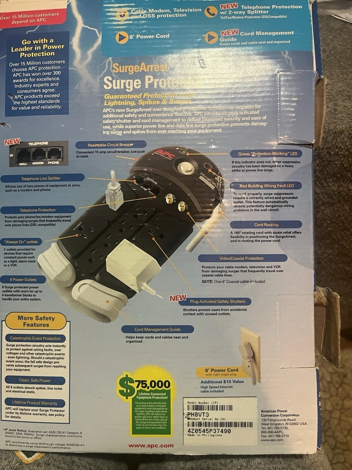 APC Surge Protector 8 Outlets 8' Cord New - Image 3 of 3