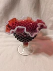 Fenton Art Glass Plum Opalescent Hobnail Scalloped Edge Pedistal Dish 5.5" X 7"