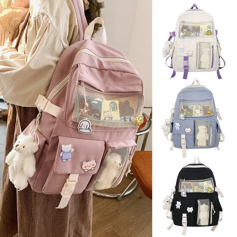 Aesthetic School Bags with Kawaii Pin and Cute Accessories Kawaii Backpack  for Teen Girls (White) 