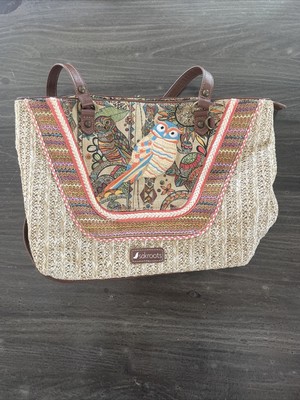 Sakroots Artist s Circle Embroidered Owl Straw Purse Tote Shoulder Bag  Large