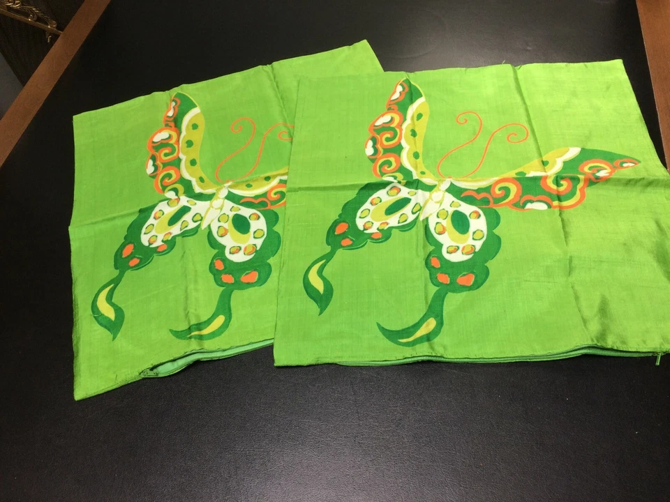 Par de fundas de almohada 15,5x15,5 de colección años 70 verde 100 % seda mariposa cremallera Foto 2 de 4