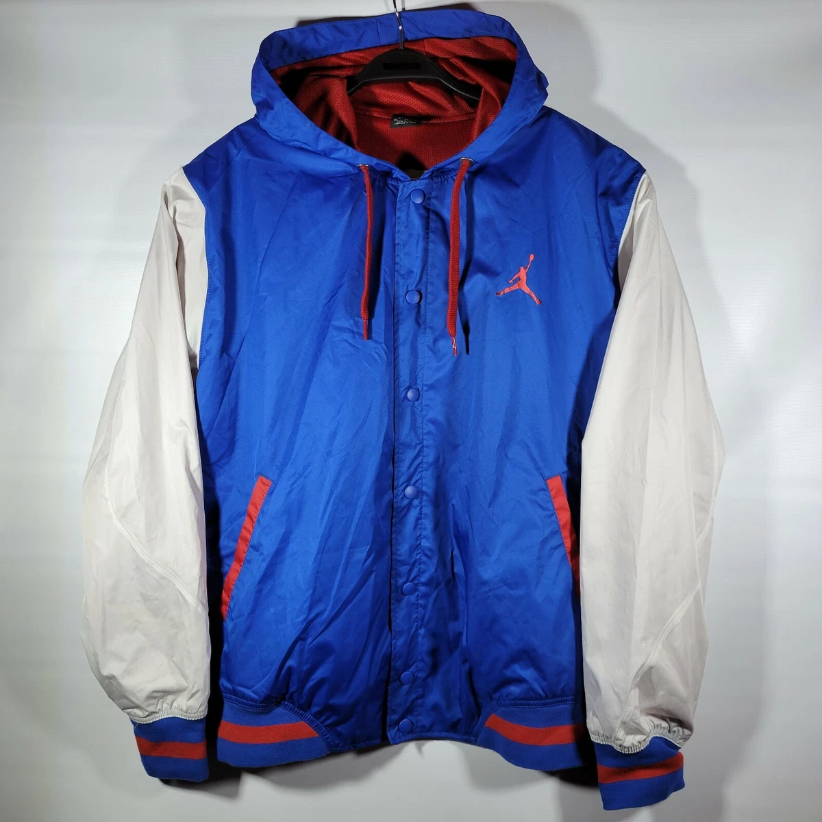 JORDAN JUMPMAN BLUE RED WHITE HOODED HOODIE SATIN VARSITY JACKET SIZE XL RARE