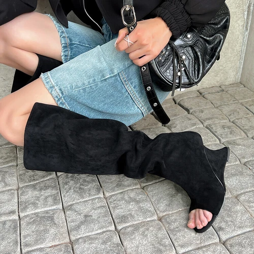 Women's Faux Suede Peep Toe Wedge Stretched Chic Slouchy Boots Sandal Shoes - Imagen 6 de 17