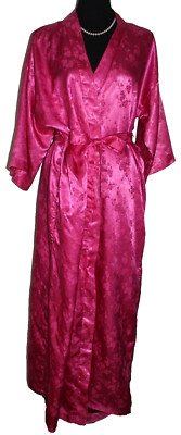 Elegant Pink Floral Satin Long Robe + Tie Sz S to M Kimona Easy Care Polyester