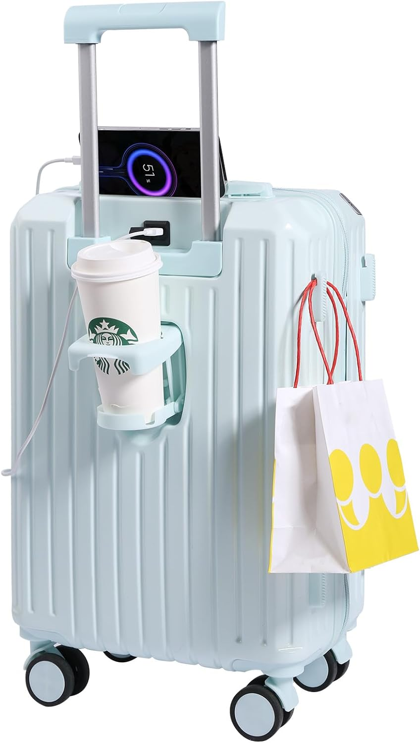 Stylish Hard-Side Carry-On Luggage with Built-In Cup Holder, USB Charging Port, and Smooth Spinner Wheels-image