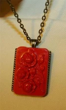 Lovely Sculpted Bouquet of Red Roses Rectangle Brasstone Pendant Necklace