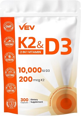 Vitamin D3 K2  10,000 IU D3 200mcg MK4 & MK7 Supports Bone & Teeth Health