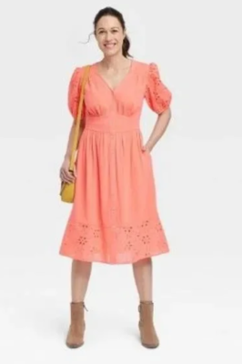 Womens Short Sleeve A-Line Dress Coral Orange Eyelet Button Down Knox Rose  S NEW | eBay