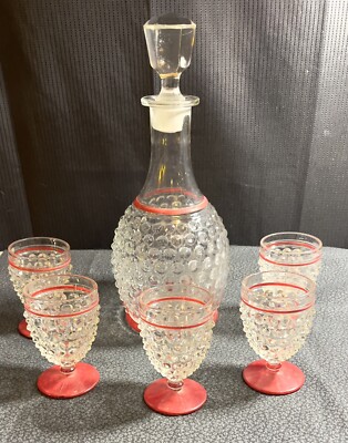Vintage Anchor Hocking Hobnail Decanter With 5 Juice Glasses Clear With Red Trim