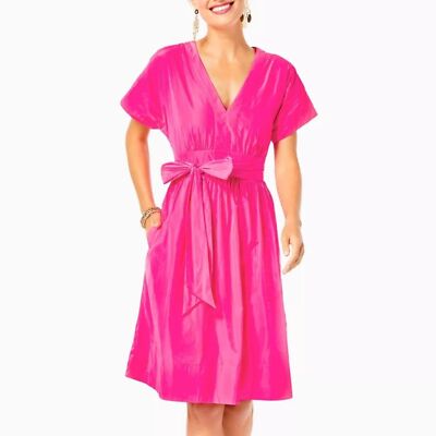 lilly pulitzer hot pink dress Grenadine Knee-Length V-Neck Summerlyn Bow 4 NWT Jade/Multi