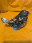 Fenton Blue  Iridescent Carnival Glass Hand Painted Blue Bird Signed Reads Mom