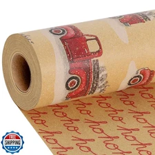 LaRibbons Reversible Kraft Vintage Christmas Wrapping Paper, Classic Truck an