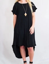 Emgee Hi Low Fringe Dress Black Linen/Cotton Blend Size Small Roomy Fit