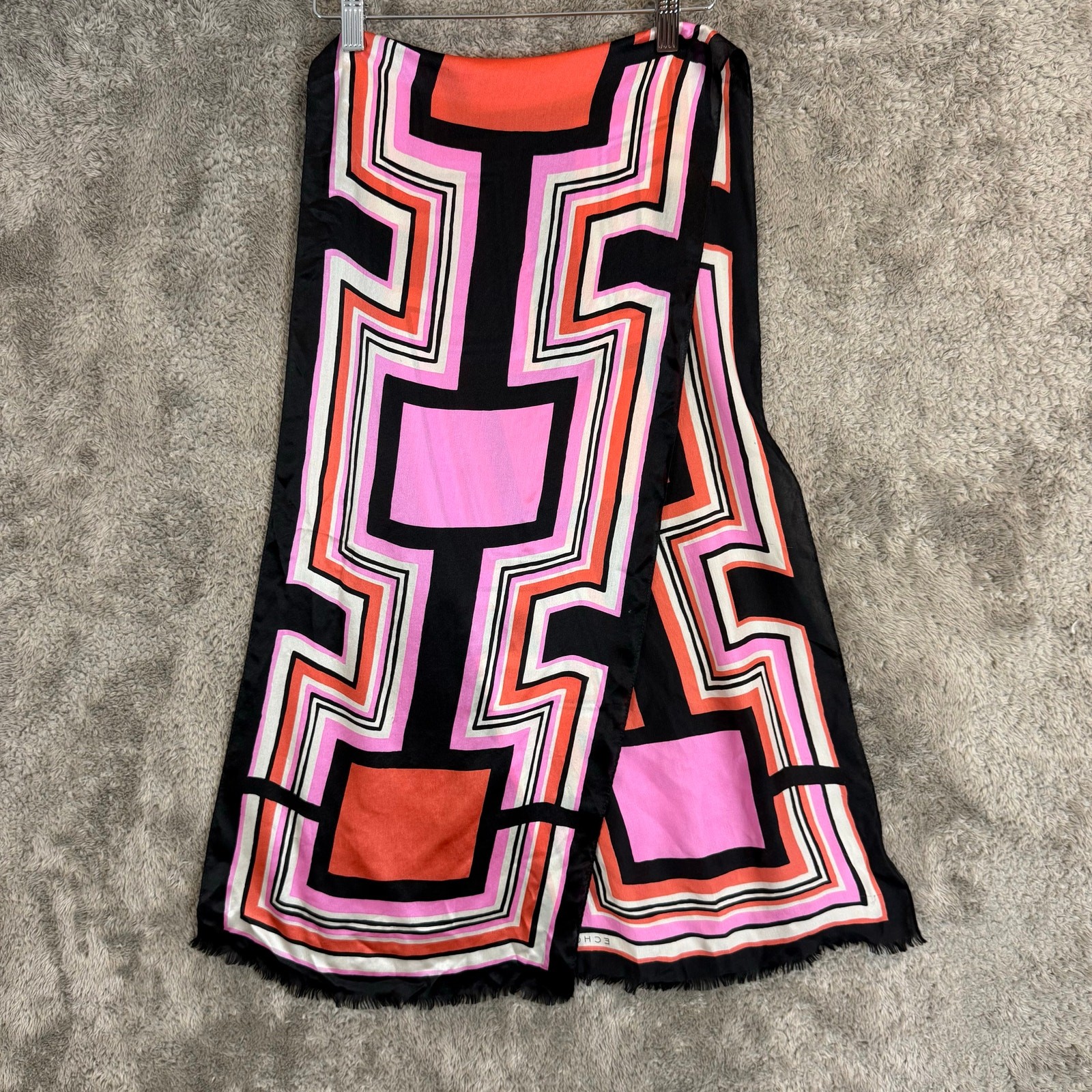 Vintage Echo Geometric Print Long Silk Scarf Pink Black Coral