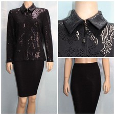 St. John Evening Black Jacket Skirt L Size 10 8 12 2pc Suit Floral Jewel Shimmer