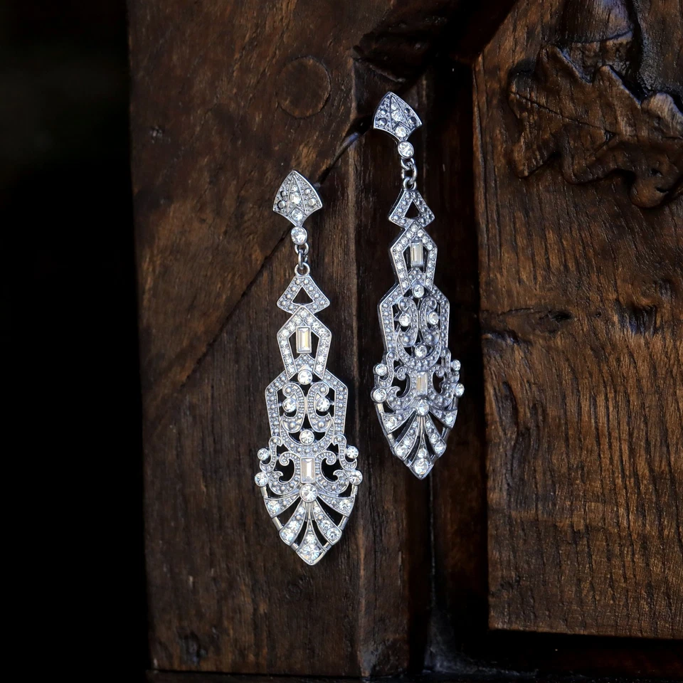 Orecchini A Chiodo Argento Pendenti Lunghi Art Deco Goccia Triangolo QD1 - Immagine 4 di 4