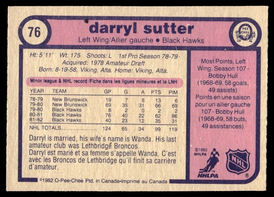 1982-83 O-Pee-Chee Darryl Sutter Chicago Blackhawks #76 - Image 2 of 2