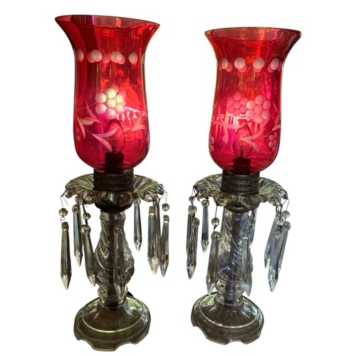 2 Vintage 14” Table Boudoir Lamp ~ Cranberry Etched Hurricane Shade w/ 8 Prisms - Picture 4 of 9
