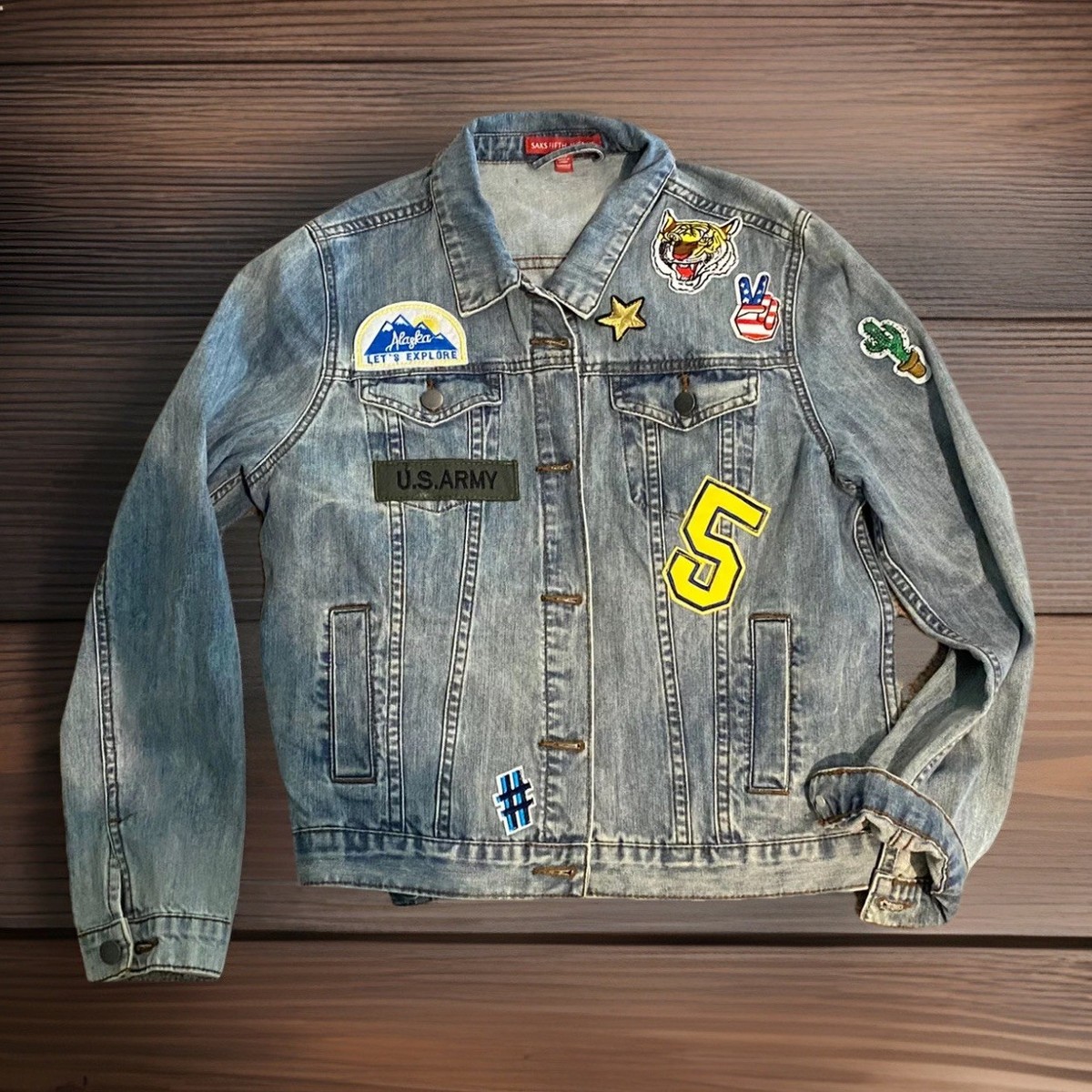 Saks Fifth Avenue Denim Jacket Women's Small Patches Tiger
