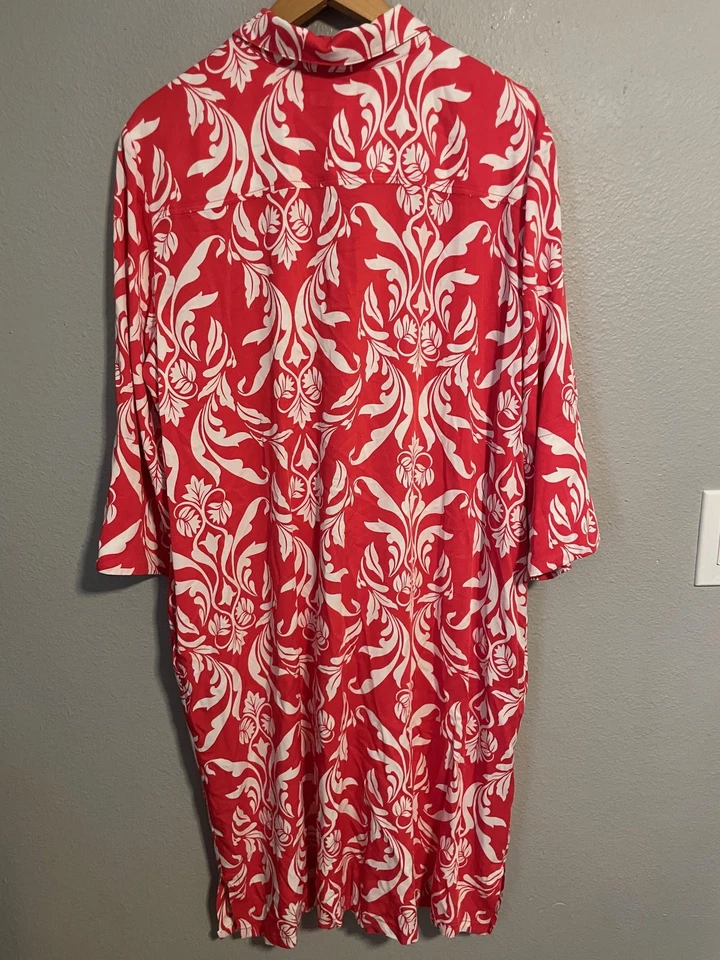 Vestido Camisa Chicos Mujer 3 16 Rojo Blanco Floral Abotonado Manga 3/4 Rayón Seda Foto 3 de 4