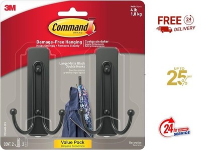Large Matte Black Command Hooks Set of 2 Damage Free Wall Storage Solutions