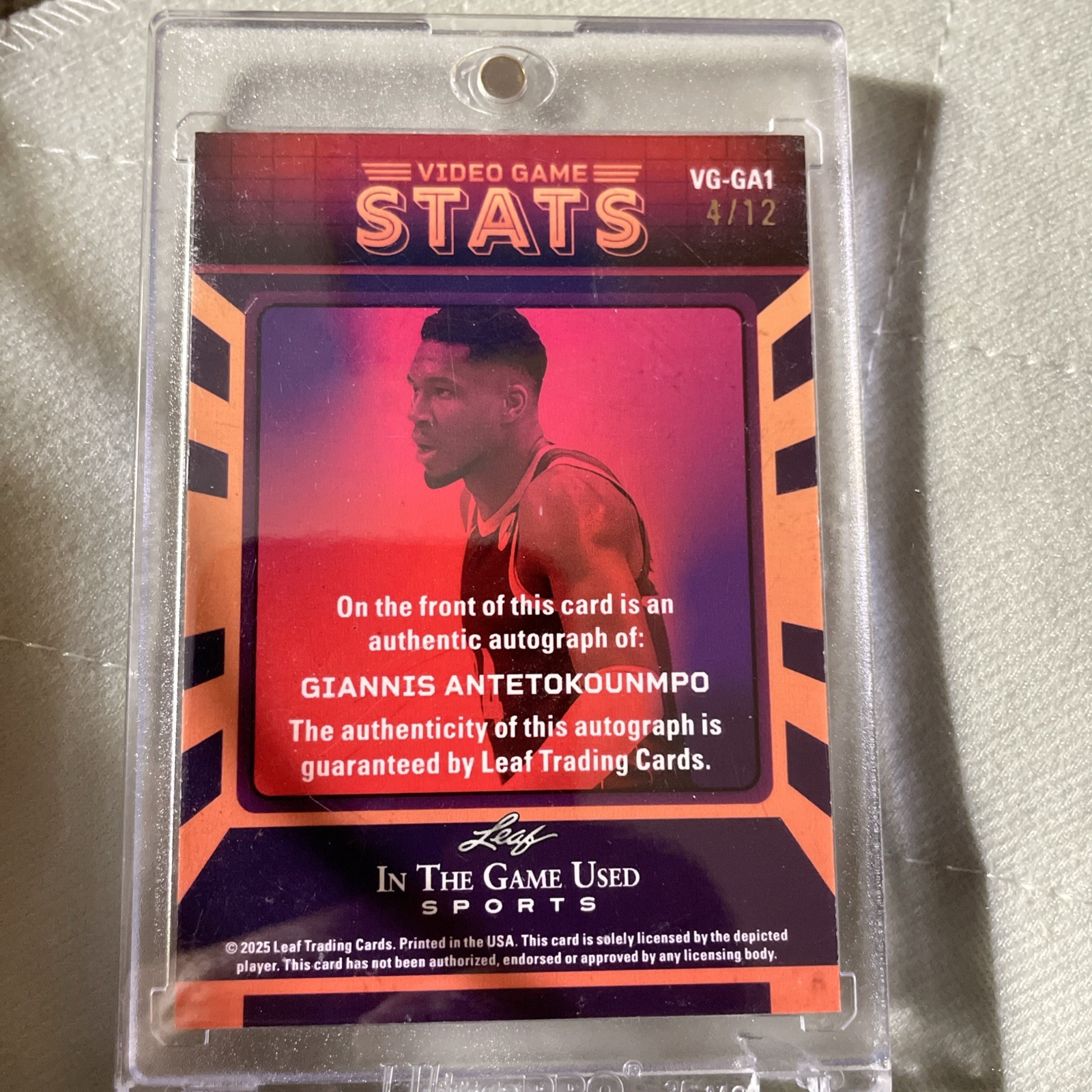 2025 Leaf In The Game Used Giannis Antetokounmpo Auto # 4/12 view 2