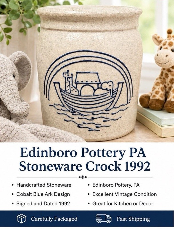 Limited Edinboro Pottery Signed Crock Canister Utensil Plant Jar Cobalt Blue