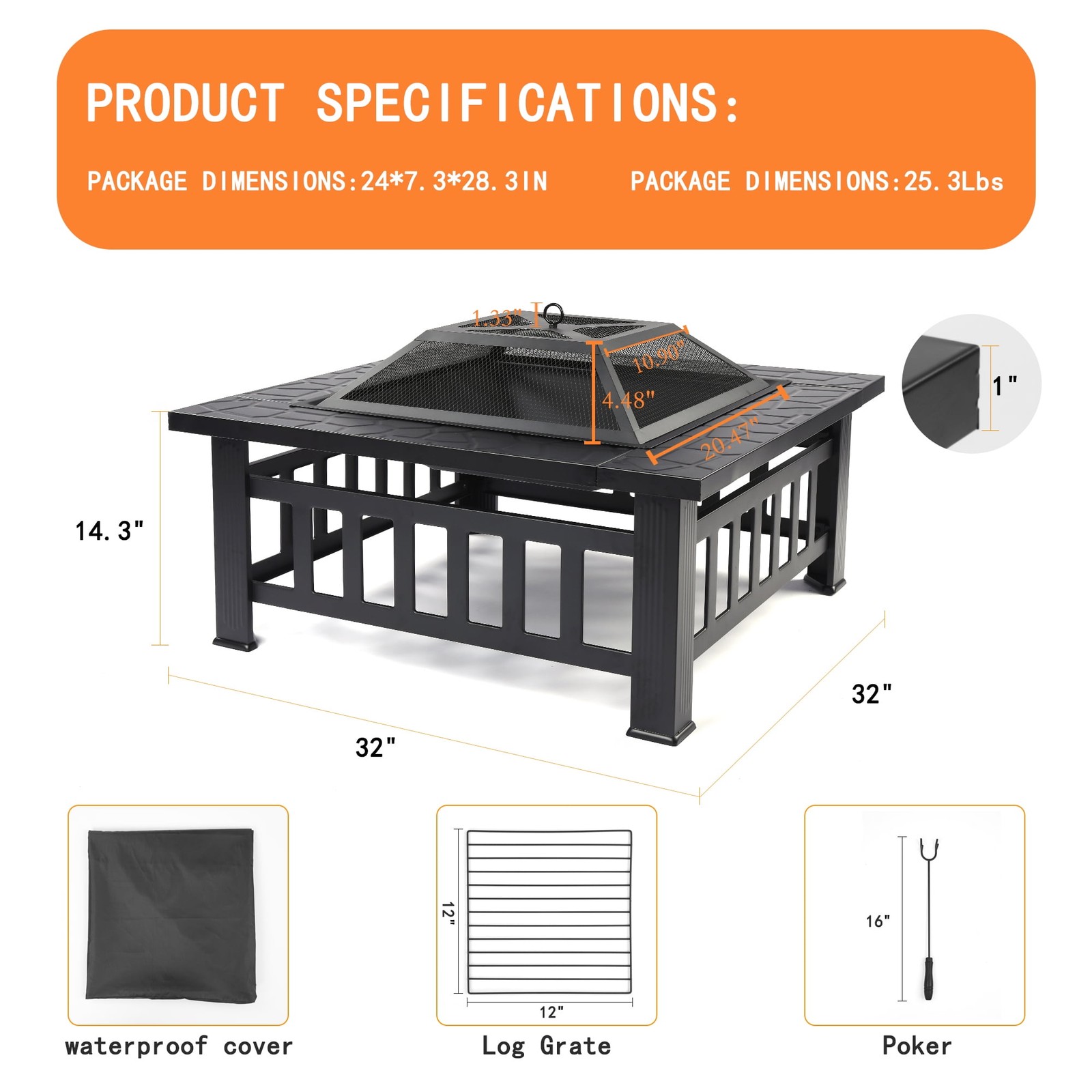 32" Outdoor Wood Burning Fire Pit Table with Accessories, Black