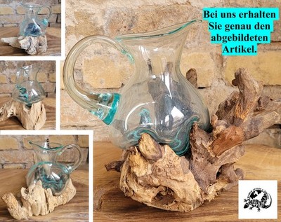 Deko Glas Karaffe auf Teak Holz Wurzel mundgeblasen Vase Glasschale Bali