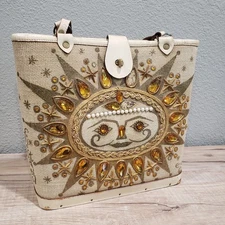 VTG Enid Collins of Texas Purse Fiesta del Sol Canvas Wood Jewels Sun Celestial