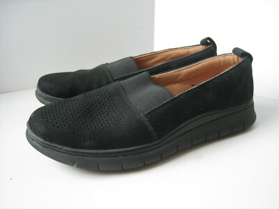 Vionic Womens Fresh Roxan Shoes Sz 7 Black Nubuck Leather Slip On Walking Flats
