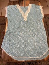VTG LUCIE ANN II Green Floral Damask Sheer Short Chemise Nightgown Lace Medium