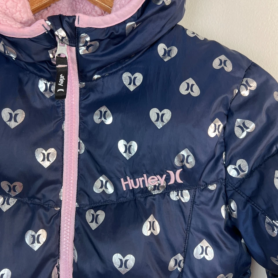 Hurley Puffer Jacket Girls S 8 10 Heart Navy Silver Fleece Lined Hooded Full Zip - Image 3 of 4