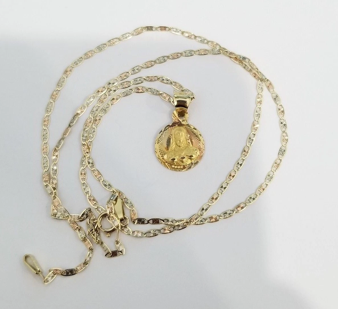 Real 14k Yellow Rose G Jesus Round Pendent Charm + 18 Inch Valentino Chain