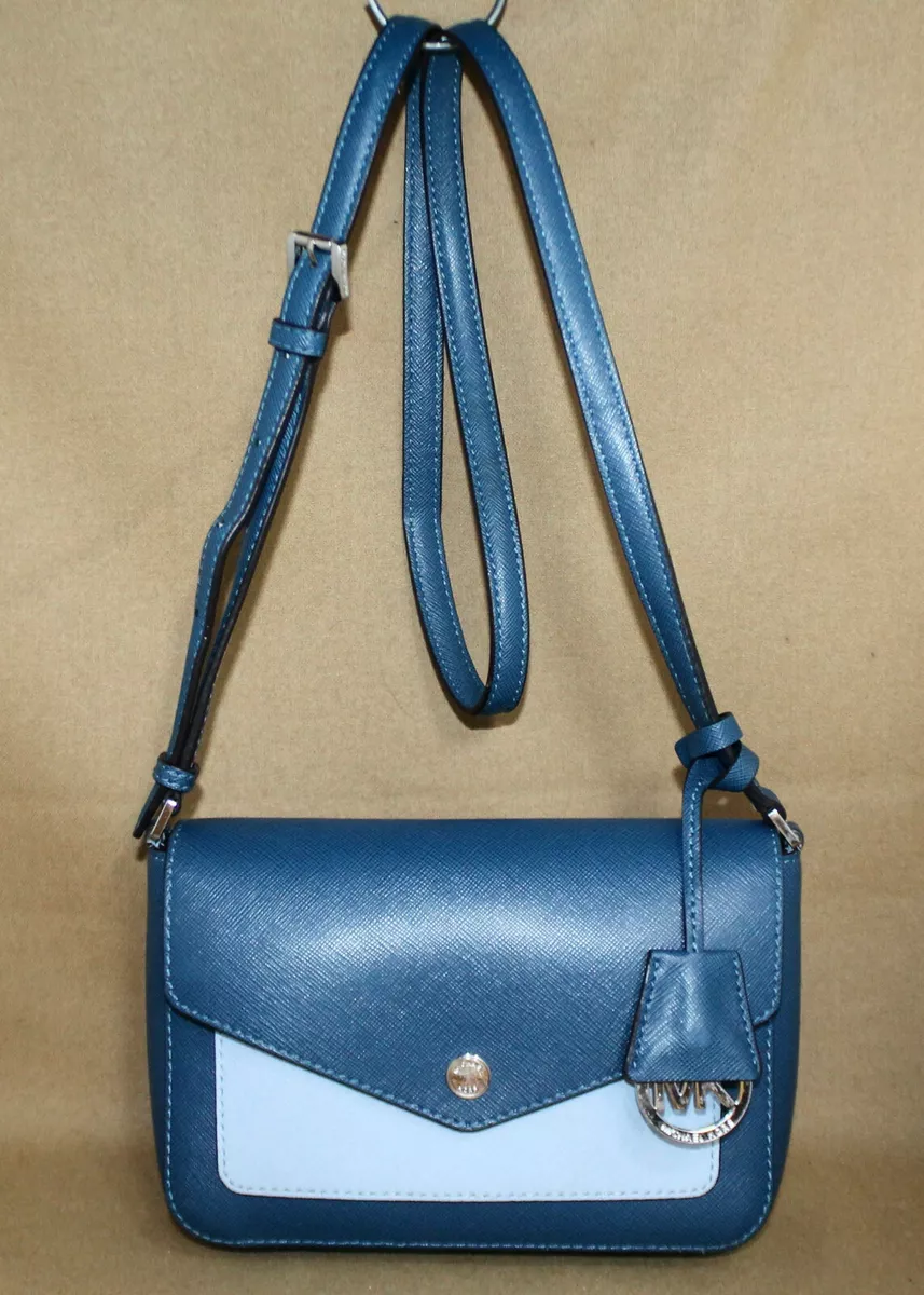 MICHAEL KORS Greenwich Small 2-Tone Blue Leather Flap Crossbody 32F5SG1C1U