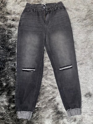 Women's Slit Knee Denim Joggers Black Fashion Nova Brand - Main Image