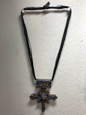 Rare Moroccan Berber Large Silver Enamel Cross Pendant Necklace