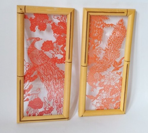 (2) Bamboo Framed Glass Art Pink Peach Peacocks Floral On Glass Asian 12" x 5.5"