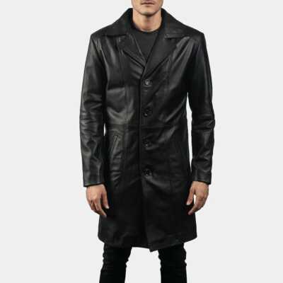 Men Black Leather Long Coat Jacket Mens Leather Coat Trench Coat Jacket